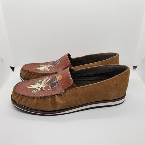 Roper brown suede western cow skull moccasins slip on loafers size 10 - Picture 3 of 9